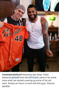 Pablo Sandoval from San Francisco giants getting tattoo at Masterpiece Tattoo