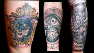 dog frame 3d tattoo, gladiator tattoo, eye clock realistic tattoo done in San Francisco