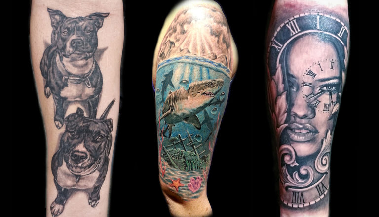 realistic girl clock tattoo, shark underwater tattoo, and pitbulls tattoo