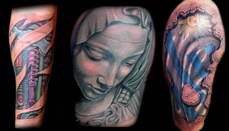 Virgin Mary tattoo, 3d stone and flag 3d tattoo, and biomechanical 3d tattoo done by Brian Martinez at Masterpiece Tattoo