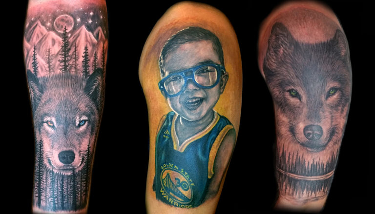 kid portrait tattoo, and realistic wolf and nature landscape tattoo