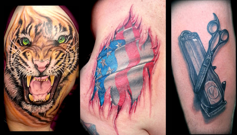 realistic color tiger tattoo, 3d barber tattoo, and an american flag skin 3d tattoo