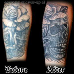 skull rose cover-up tattoo
