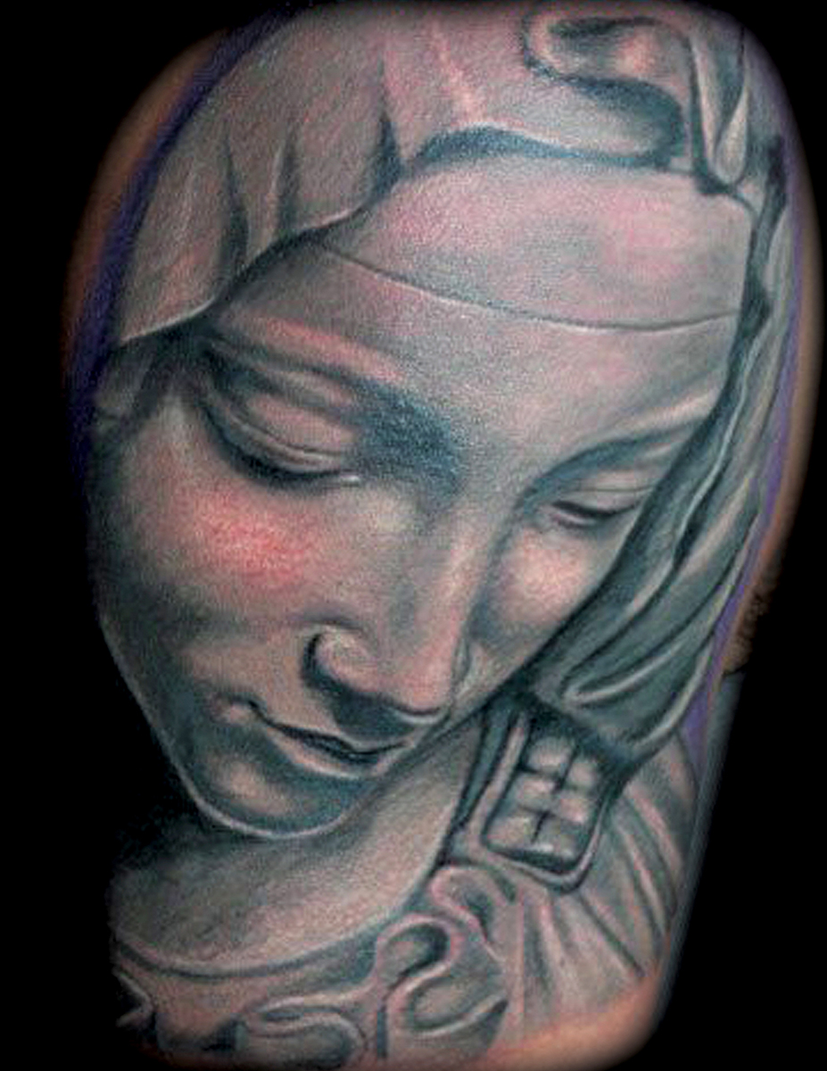 Realistic black and gray virgin Mary tattoo, Ryan Mullins Art Junkies Tattoo  by Ryan Mullins : Tattoos