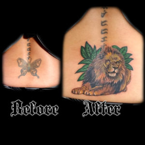 small lion tattoo cover-up