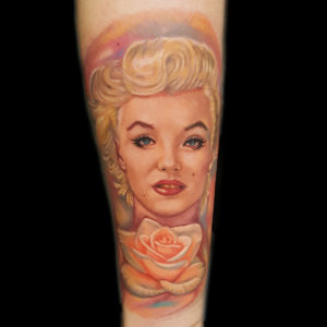 Marilyn Monroe and color rose tattoo, girl tattoo