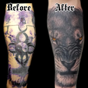 black lion cover-up tattoo