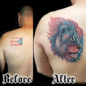 color lion tattoo before and after