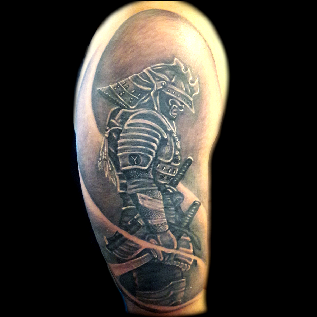 realistic samurai  warrior tattoo  done at Masterpiece Tattoo 