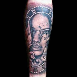 girl clock eye tattoo black and grey 3d