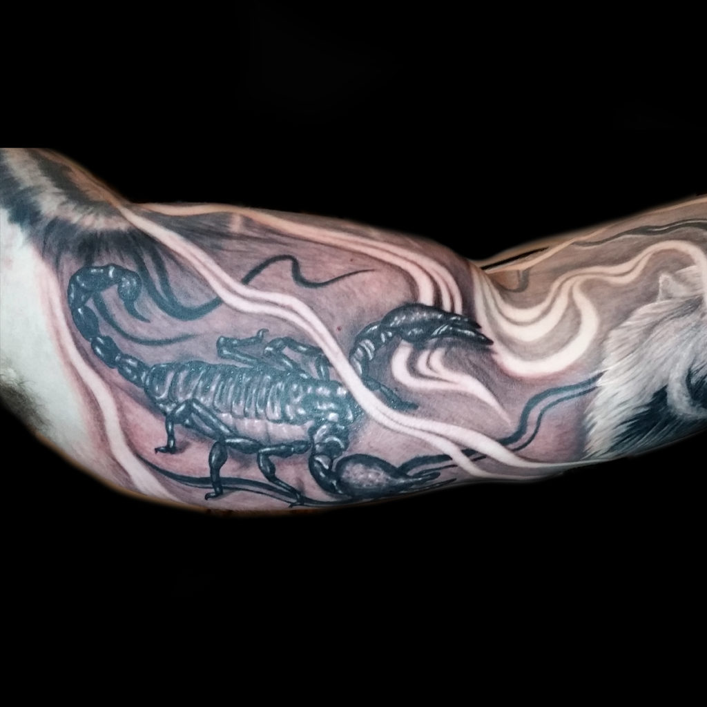 realistic 3d scorpion tattoo done at Masterpiece Tattoo