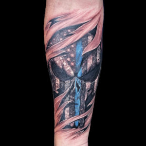 punisher USA flag tattoo law enforcement blue line