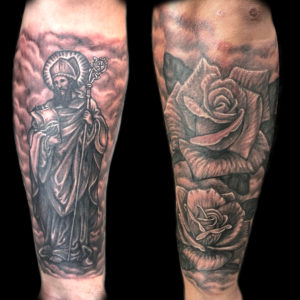 saint and roses religious tattoo