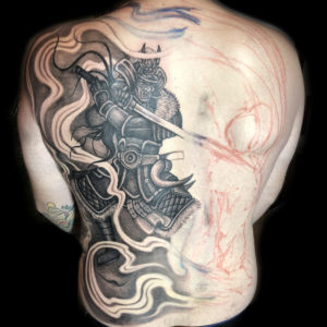samurai backpiece tattoo in progress