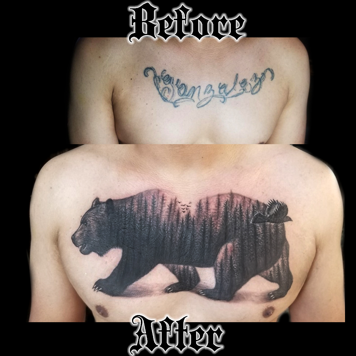realistic and silhouette trees tattoos done at Masterpiece Tattoo by Brian