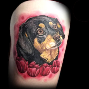 color dog portrait tattoo flowers