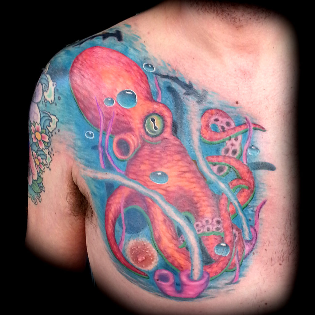 realistic 3d octopus tattoo done at Masterpiece Tattoo