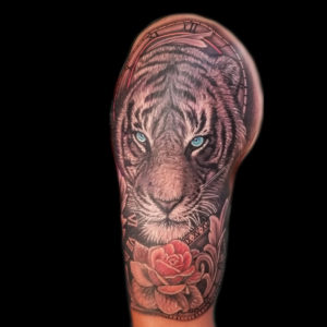 tiger rose clock tattoo