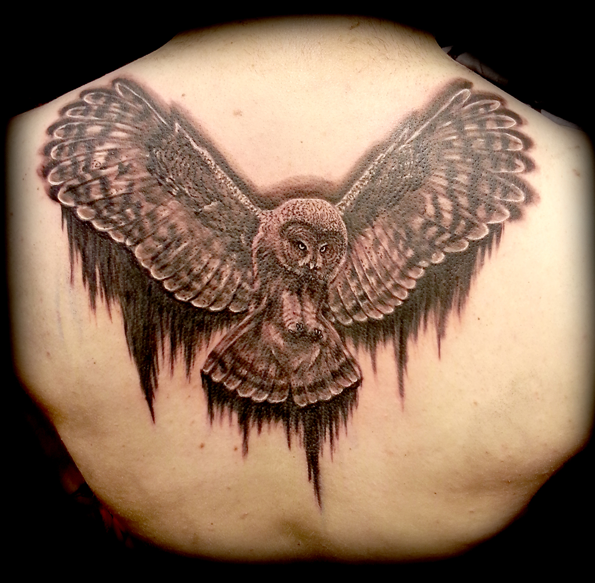 Owl Tattoo on Lower Back by Jai Gilchrist