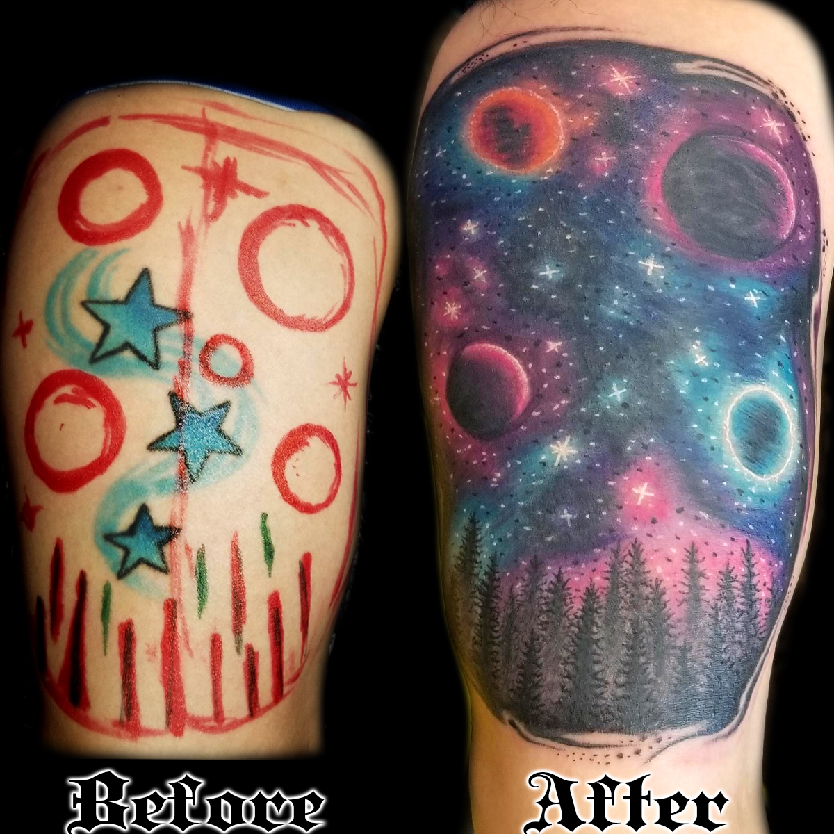 Hand poked galaxy tattoo on the left inner forearm.
