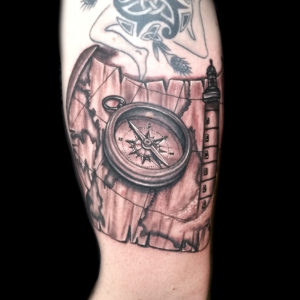 nautical map compass light house 3d tattoo
