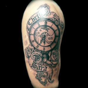 clock and roses tattoo