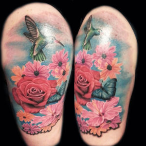 color flowers tattoo and hummingbird