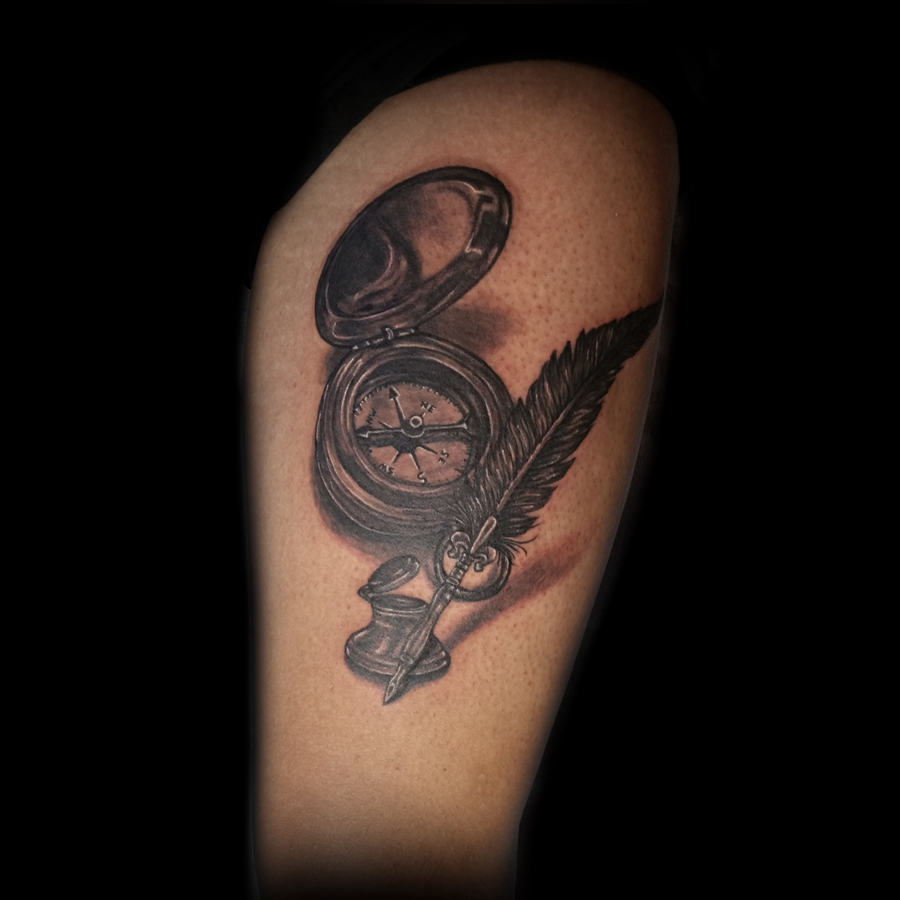 realistic clock tattoos, pocket watch and compass 3d tattoos