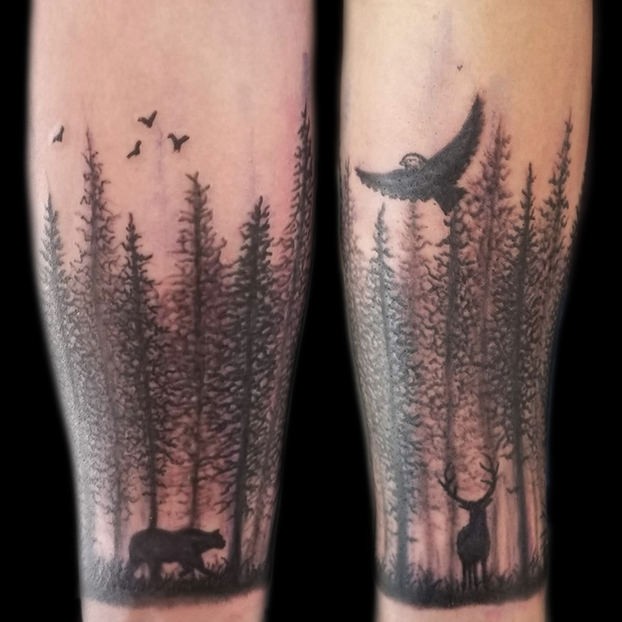 realistic and silhouette trees tattoos done at Masterpiece Tattoo by Brian