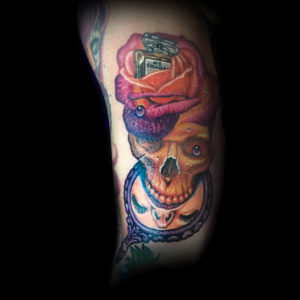 girl skull color rose tattoo
