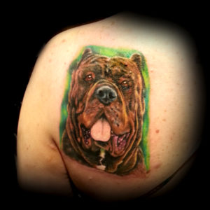 realistic dog color portrait tattoo