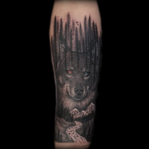 wolf river trees mountains tattoo