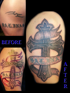 stone cross cover up tattoo before and after