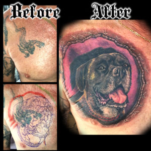 cover-up tattoo with a realistic dog