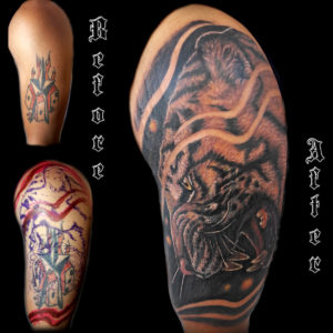 color tiger cover-up tattoo