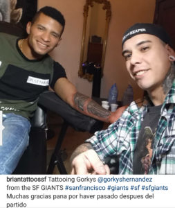 Brian Martinez from Masterpiece Tattoo tattooing Gorkys Hernandez from San Francisco Giants