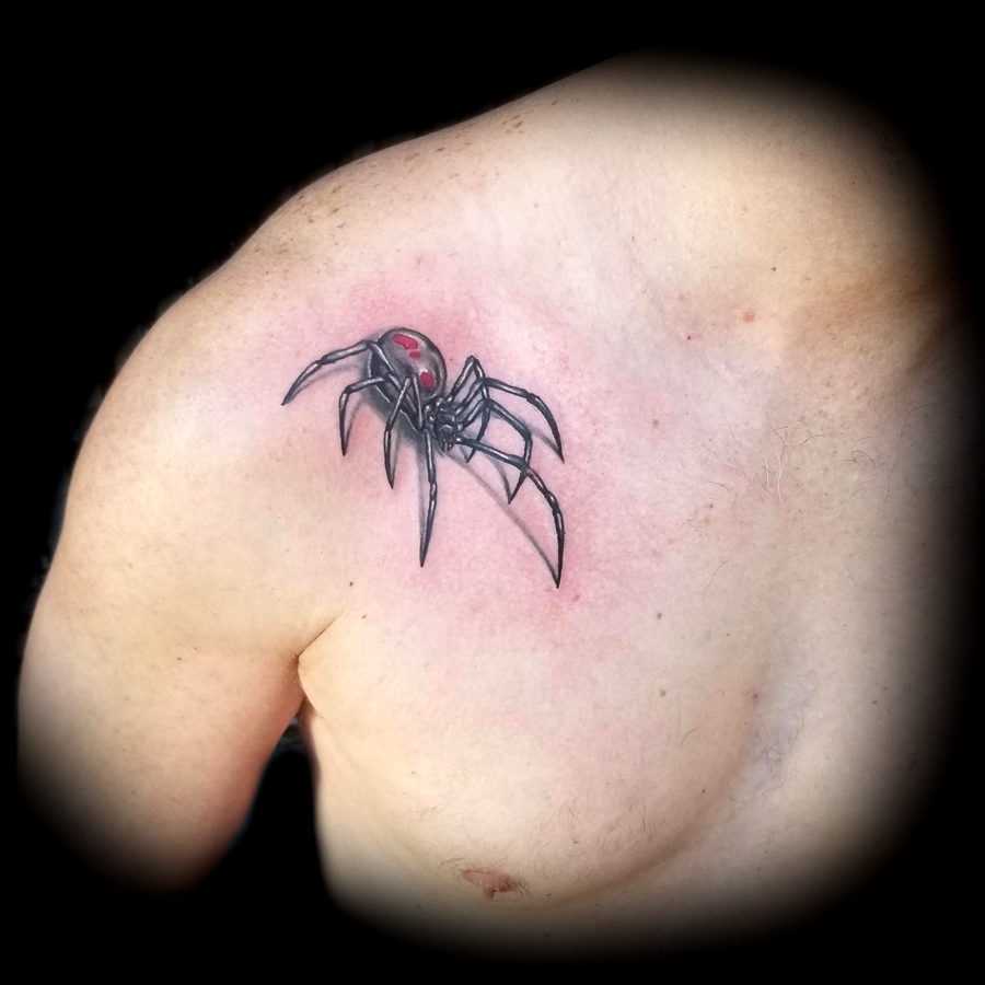 realistic 3d spider tattoo done in San Francisco at Masterpiece Tattoo