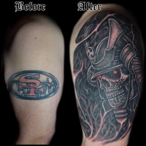 skull samurai cover up tattoo